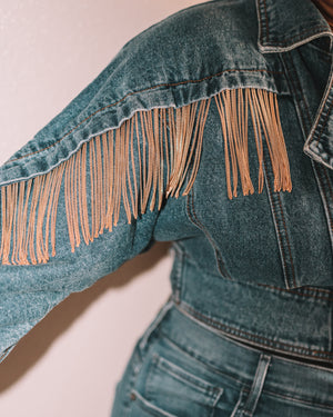 denim & gold fringe jacket