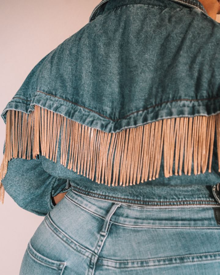 denim & gold fringe jacket