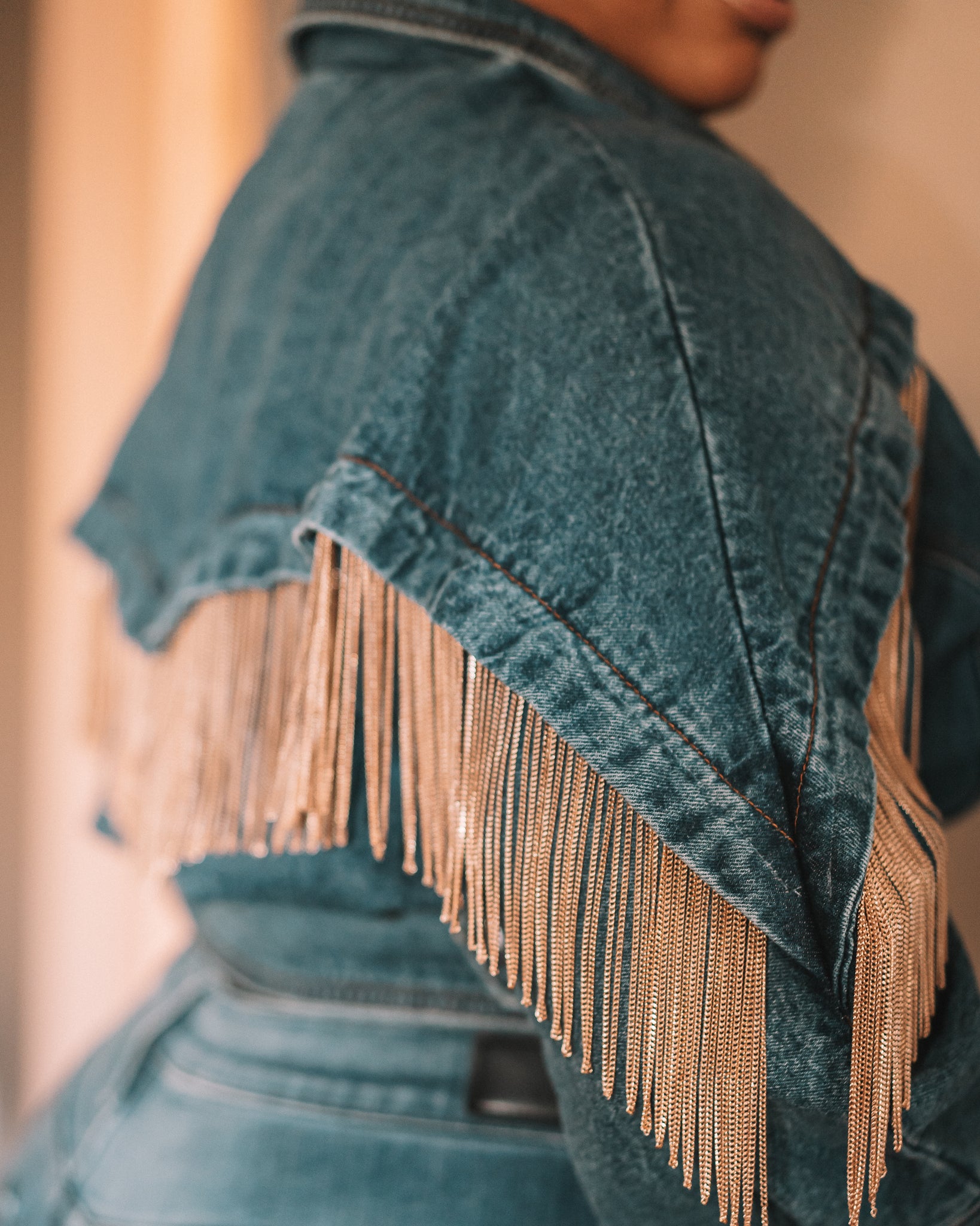 denim & gold fringe jacket